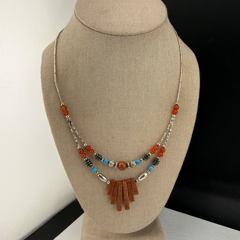 Western Beaded Necklace Layered Silver Tone Goldstone 19”